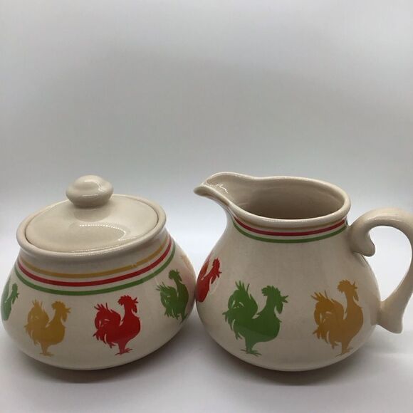 Vintage Kathy Hatch Rooster Sugar Bowl and Creamer - Picture 1 of 4